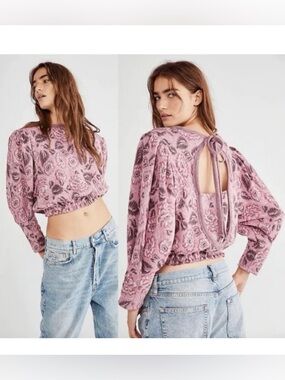 Free People No Ordinary Floral Jacquard Knit Puff Sleeves Top Pink Open Back